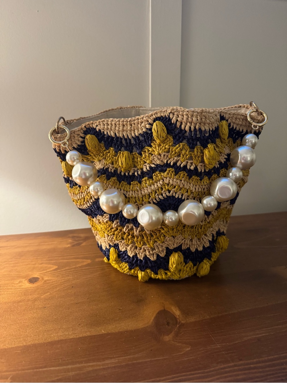 Woven Pearl-Handle Bucket Bag in Navy, Mustard & Beige